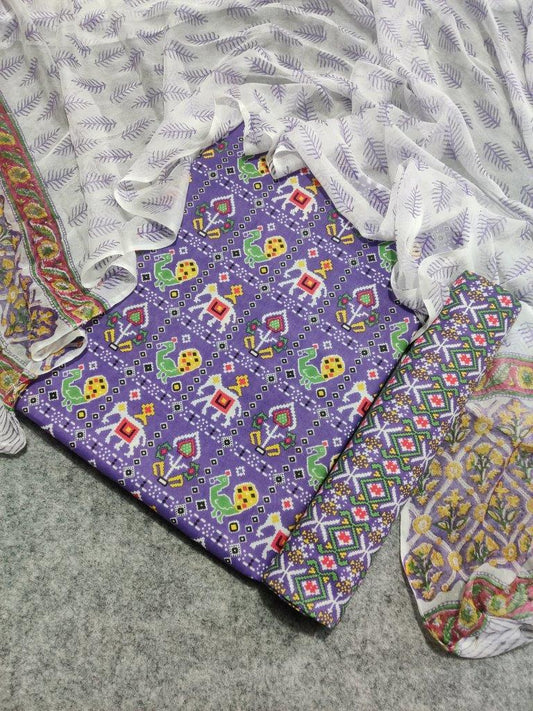 Purple Patola Printed Chiffon Dupatta Cotton Suit Material