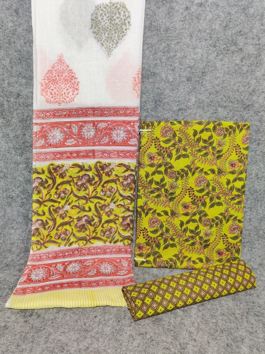 Mustard Sanganeri Printed Cotton Salwar Suit Material