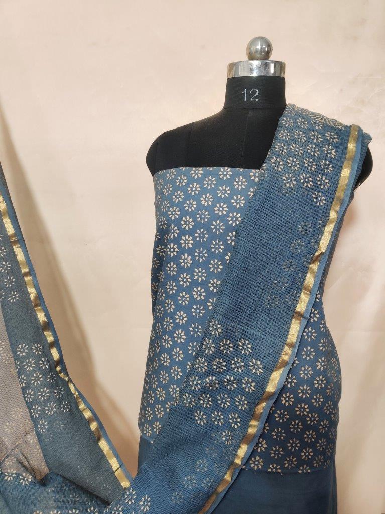 Gold Printed Kota Doria Dupatta Cotton Unstitched Suit