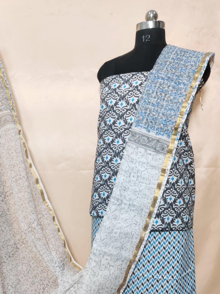 Ikkat Printed Kota Doria Dupatta Cotton Unstitched Suit