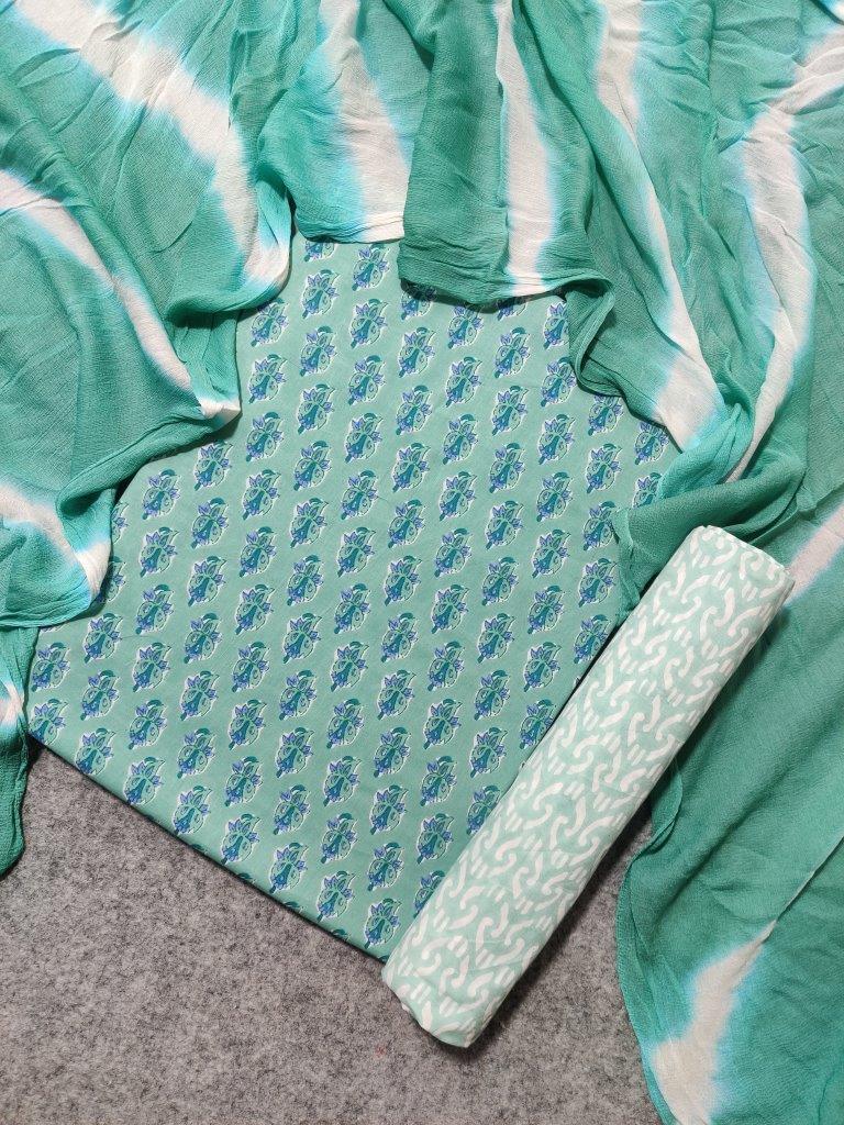 Green Printed Chiffon Dupatta Cotton Suit Material