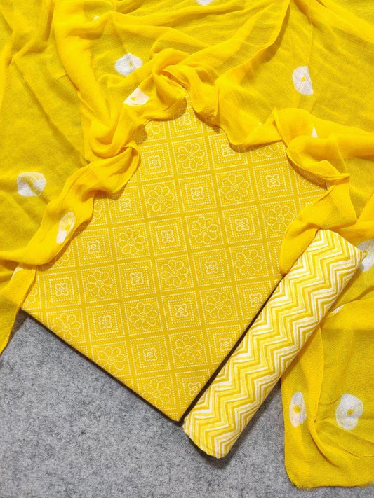 Yellow Bandhani Chiffon Dupatta Cotton Suit Material