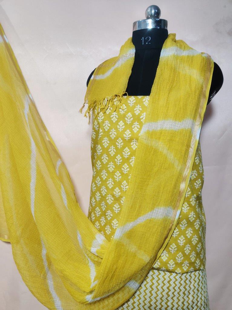 Yellow Printed Kota Doria Dupatta Cotton Unstitched Suit