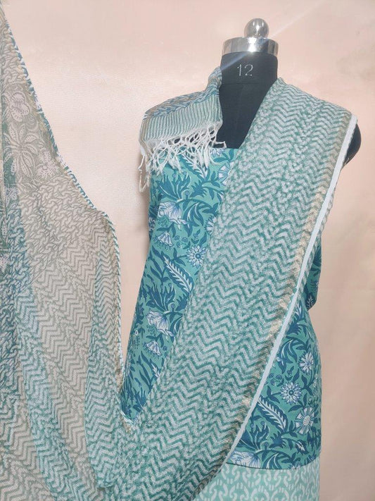 Sanganeri Printed Kota Doria Dupatta Cotton Unstitched Suit