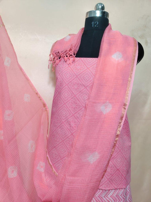 Pink Bandhani Kota Doria Dupatta Cotton Unstitched Suit