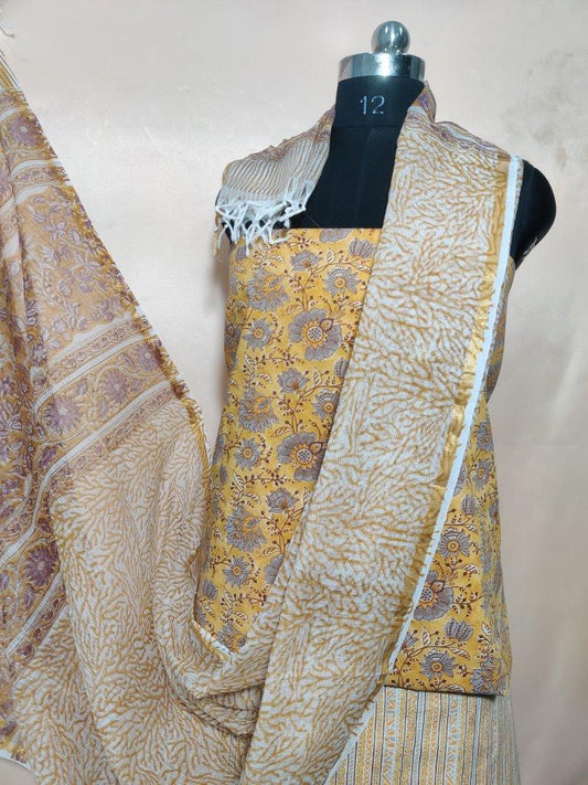 Mustard Kota Doria Dupatta Cotton Unstitched Suit