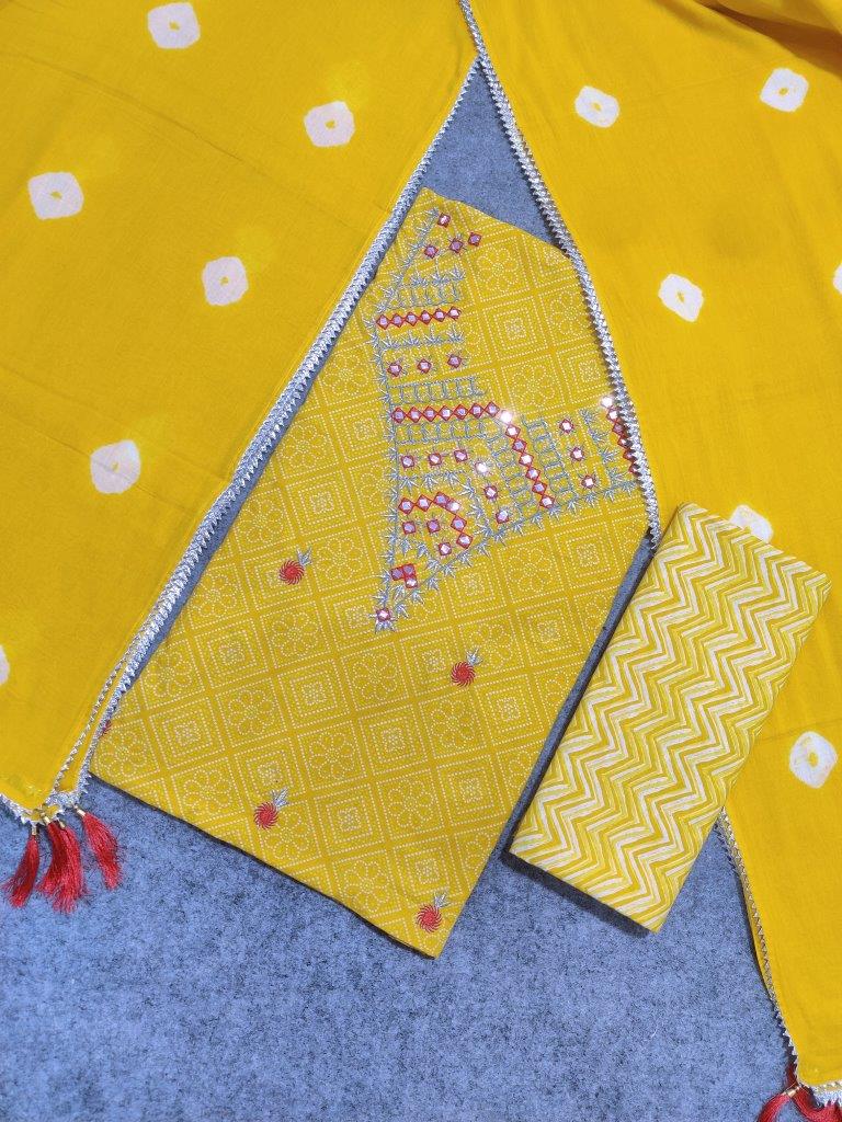 Yellow Party Wear Embroidery Cotton Salwar Suit Material