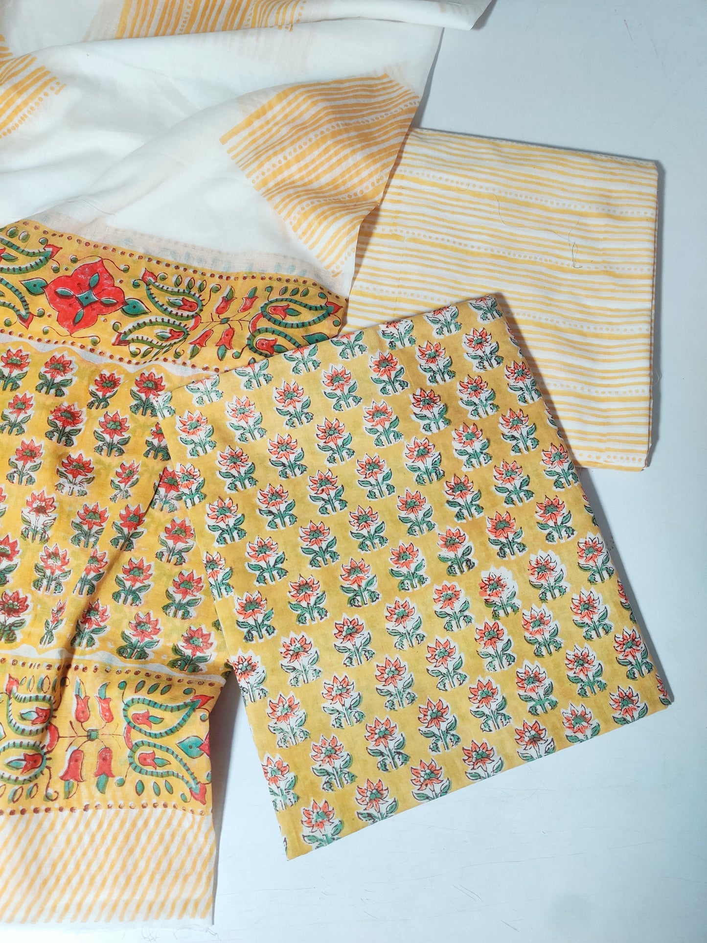 Yellow Block Printed Cotton Salwar Suit Material