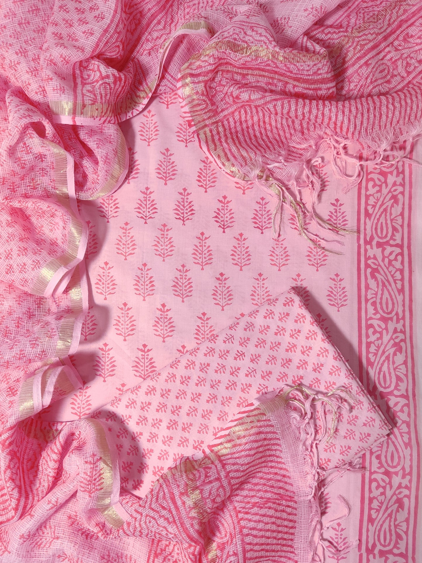 Pink Motif Printed Kota Doria Dupatta Cotton Unstitched Suit