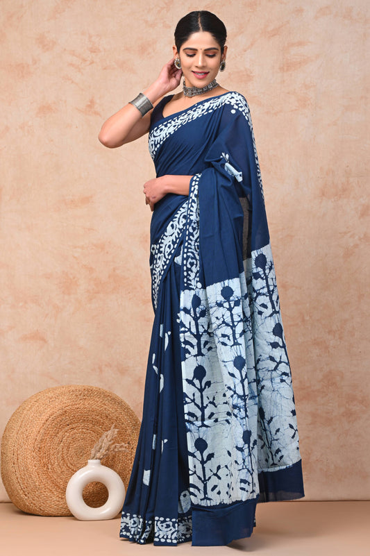 Blue Batik Print Pure Cotton Saree