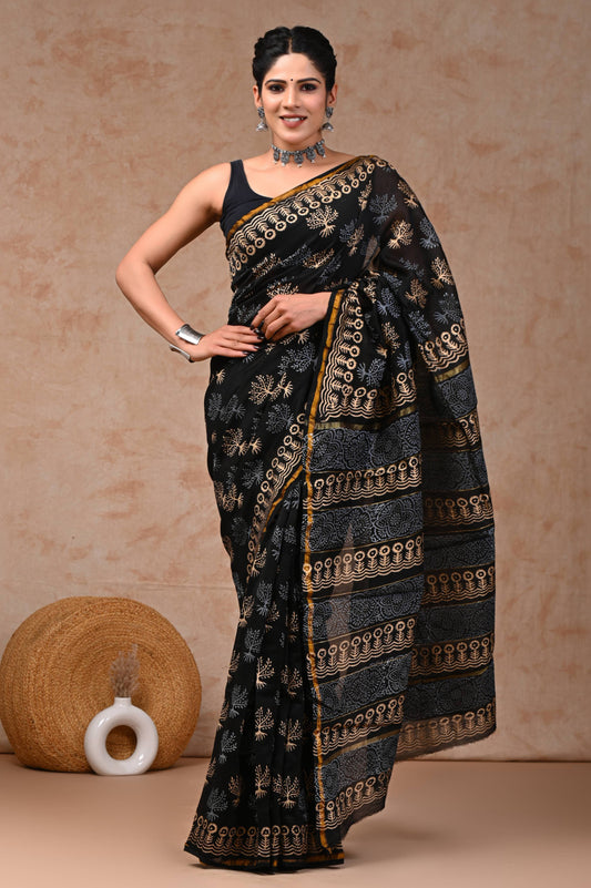 Black & Gold Print Chanderi Silk Saree