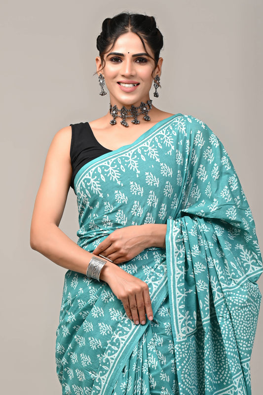 Teal Green Discharge Block Print Pure Cotton Saree