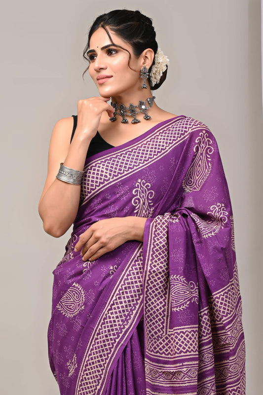 Purple Discharge Block Print Pure Cotton Saree