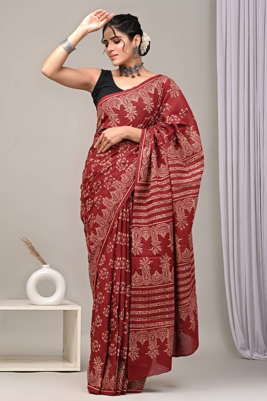 Maroon Discharge Block Print Pure Cotton Saree