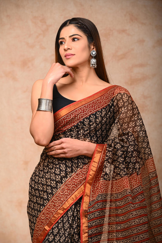 Natural Bagru Block Print Kota Doria Saree