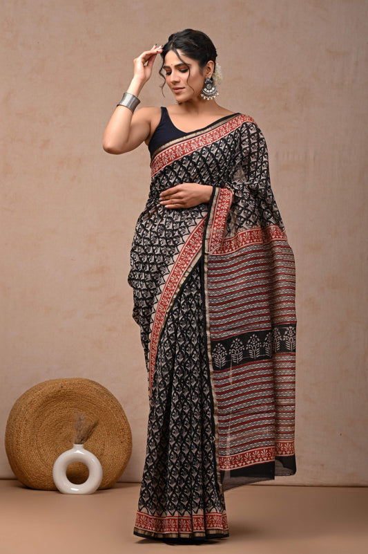 Natural Bagru Block Print Chanderi Silk Saree