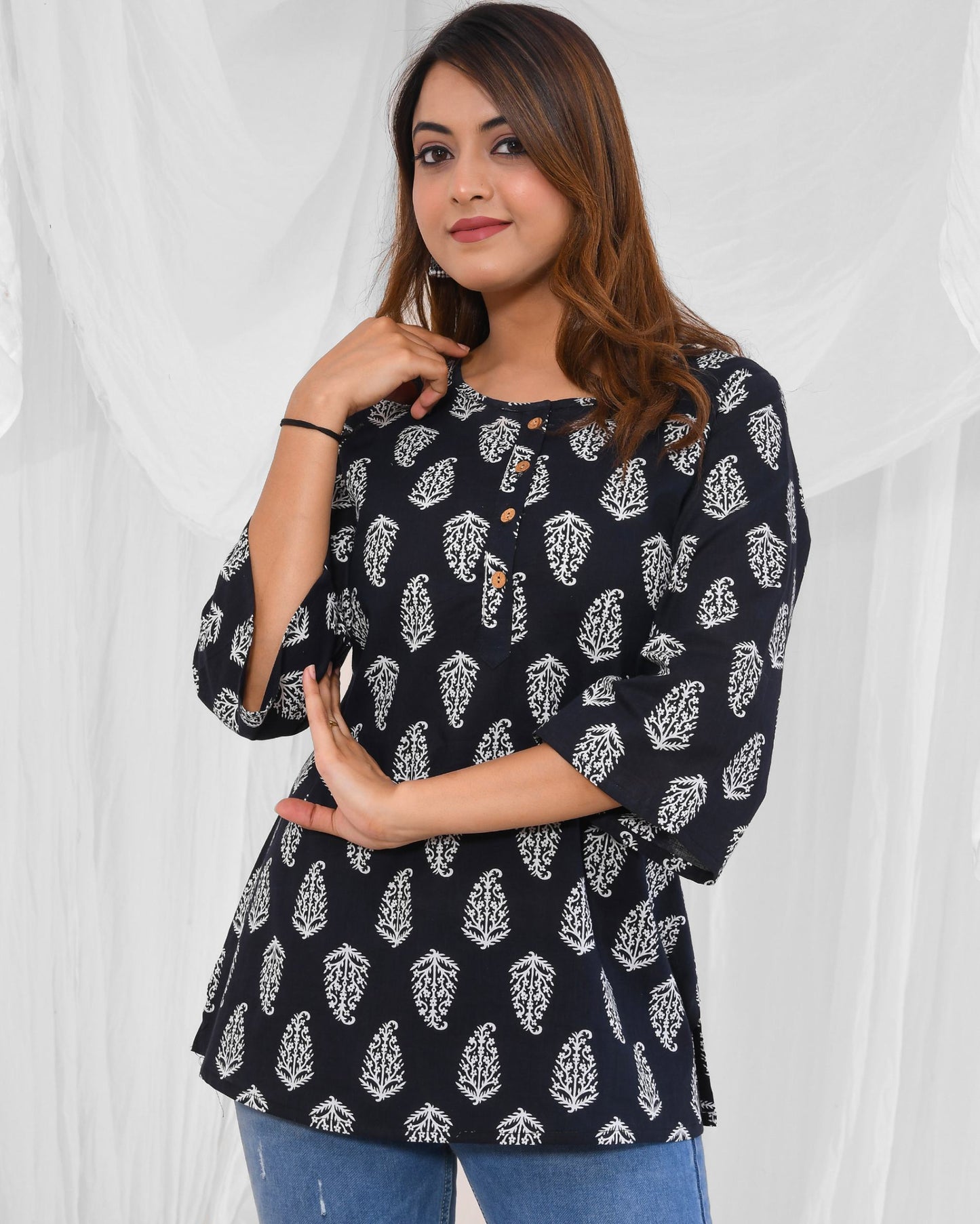 Black Printed A-Line Pure Cotton Short Kurti