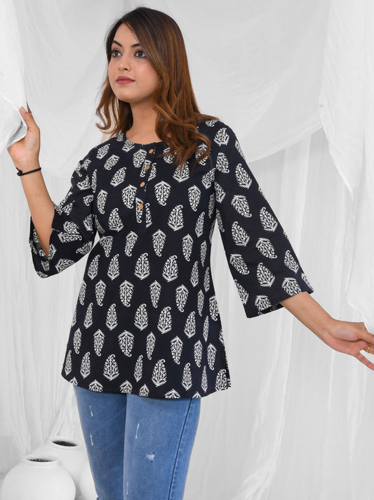 Black Printed A-Line Pure Cotton Short Kurti