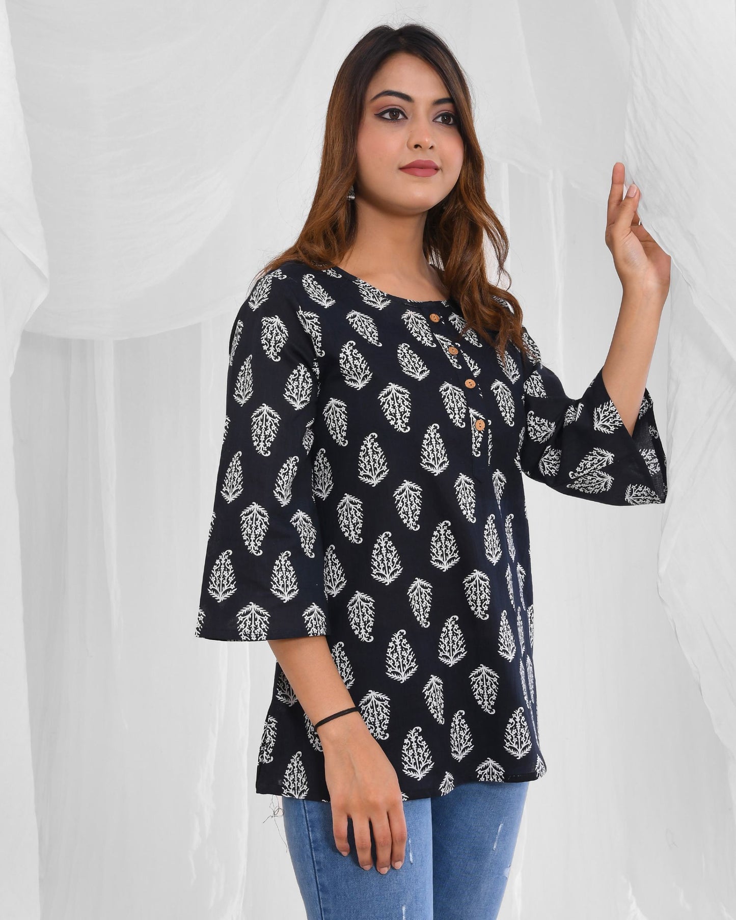 Black Printed A-Line Pure Cotton Short Kurti