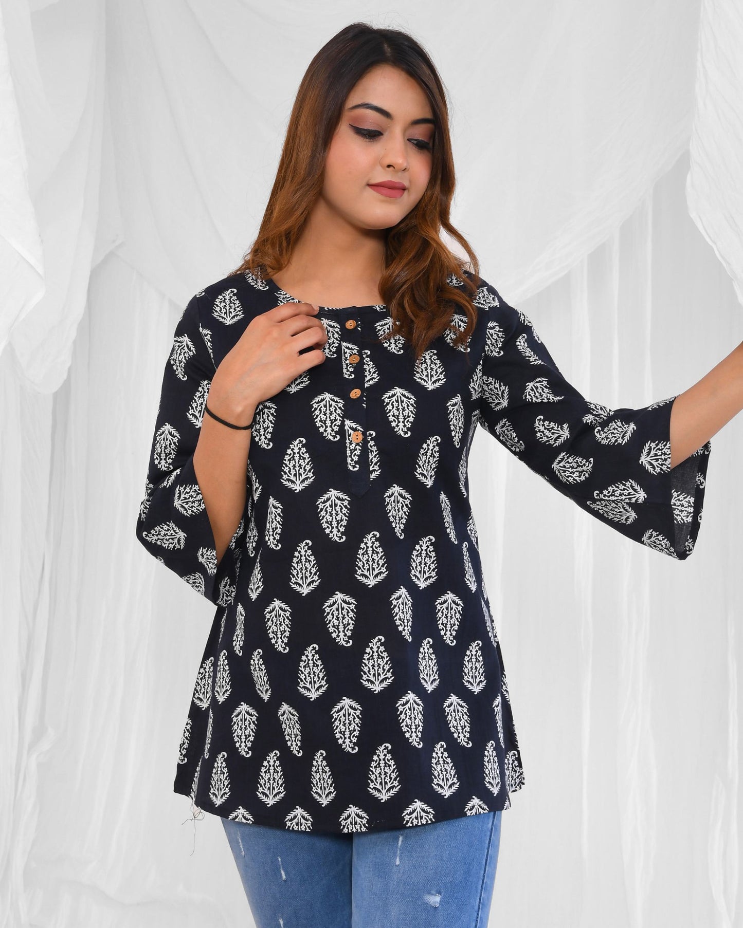 Black Printed A-Line Pure Cotton Short Kurti