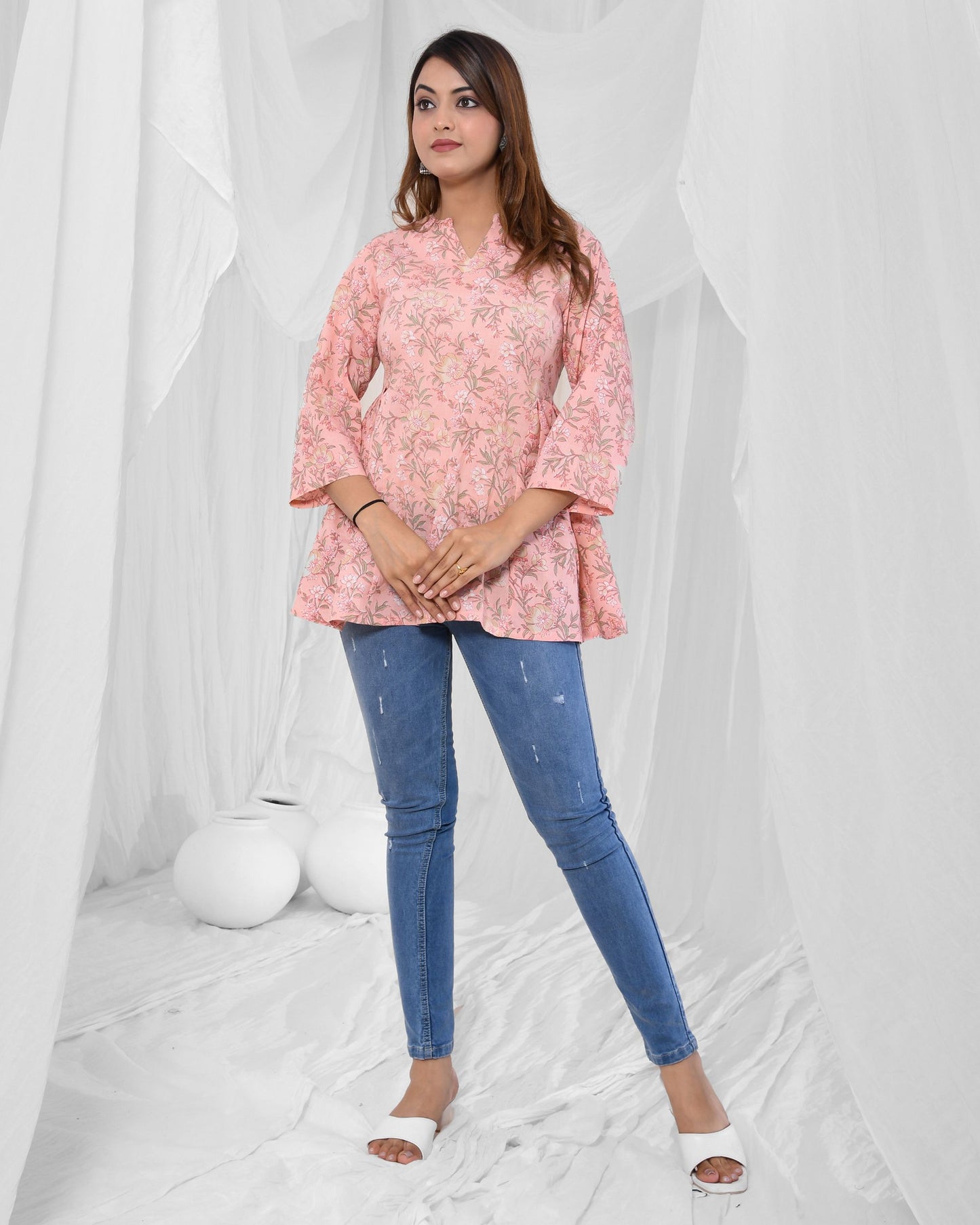 Peach Floral Printed Pleated Pure Cotton Tunic