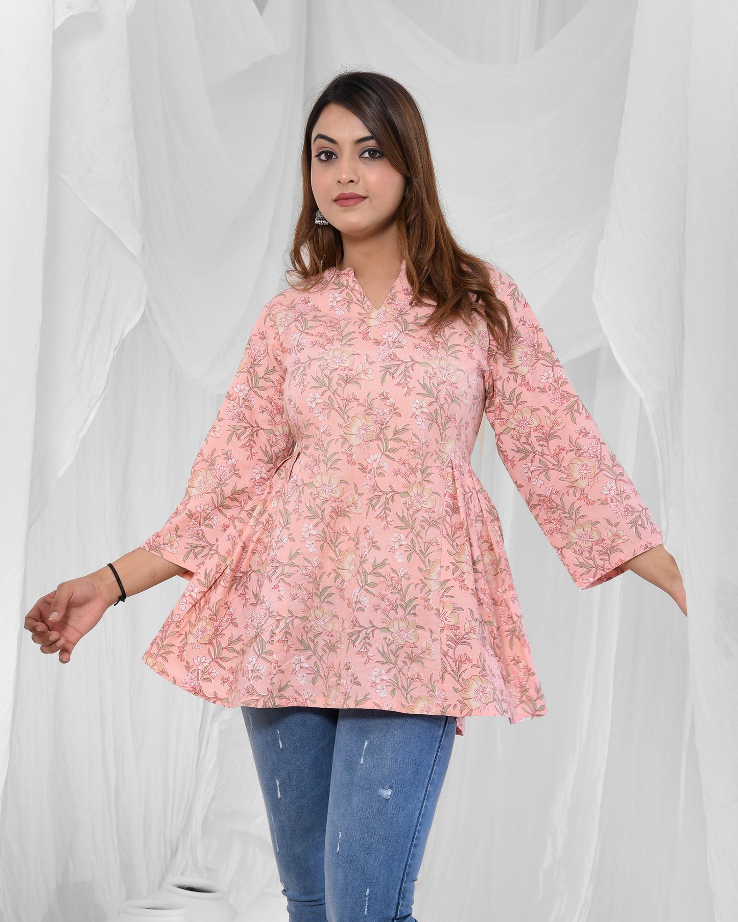 Peach Floral Printed Pleated Pure Cotton Tunic