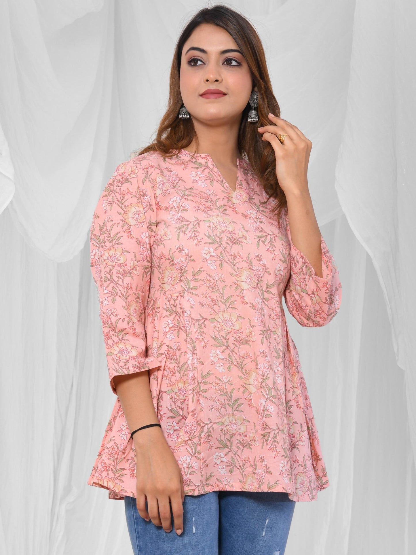 Peach Floral Printed Pleated Pure Cotton Tunic