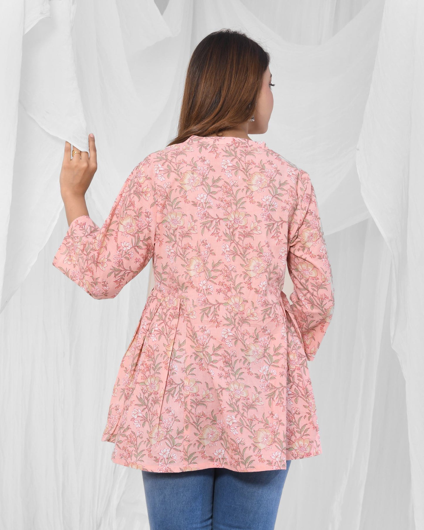 Peach Floral Printed Pleated Pure Cotton Tunic