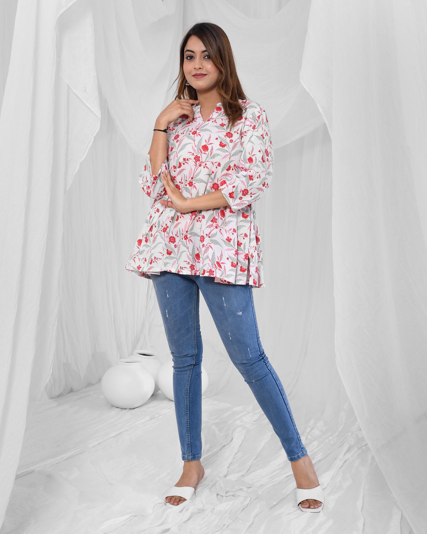 Pink Floral Printed Pleated Pure Cotton Tunic