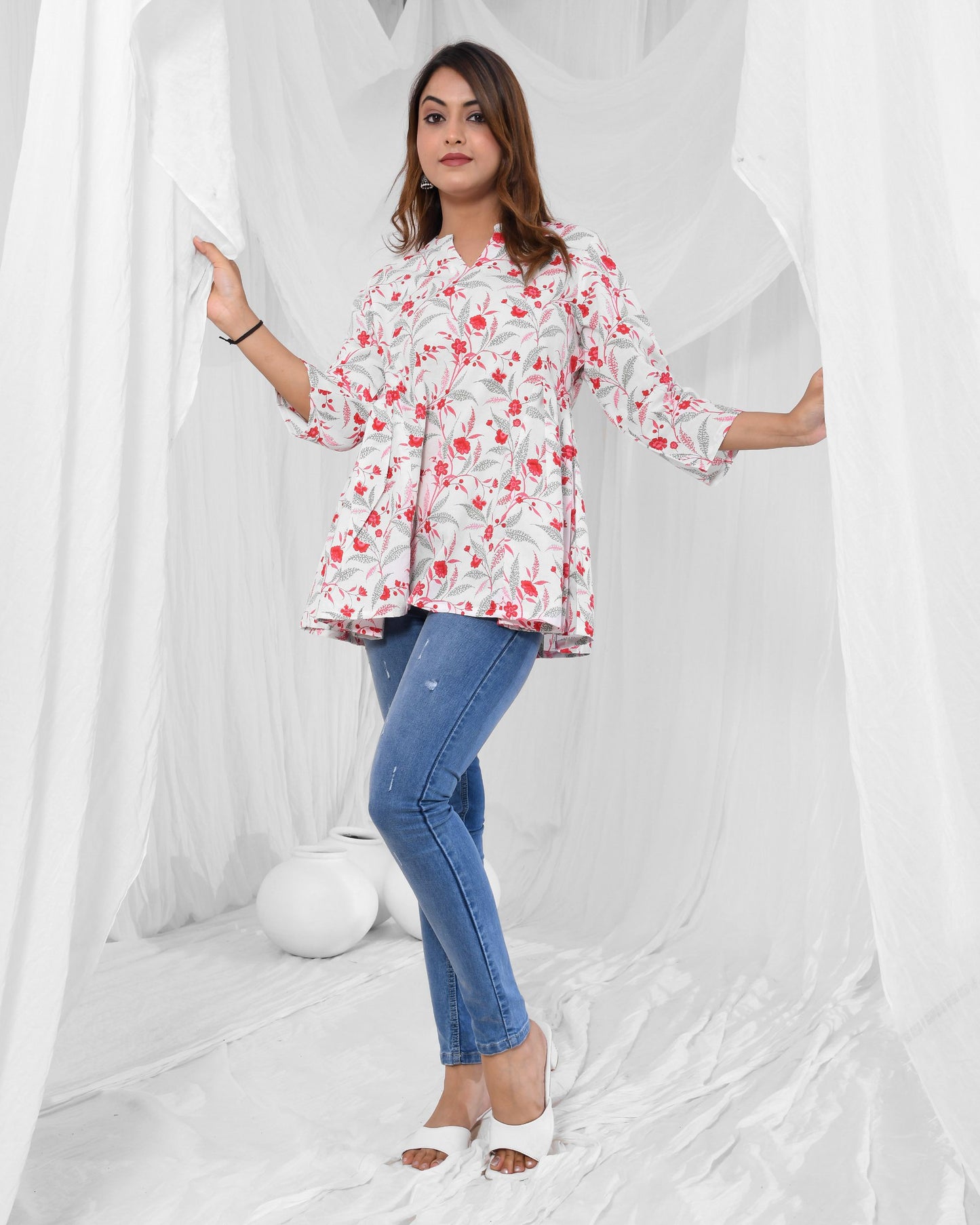 Pink Floral Printed Pleated Pure Cotton Tunic