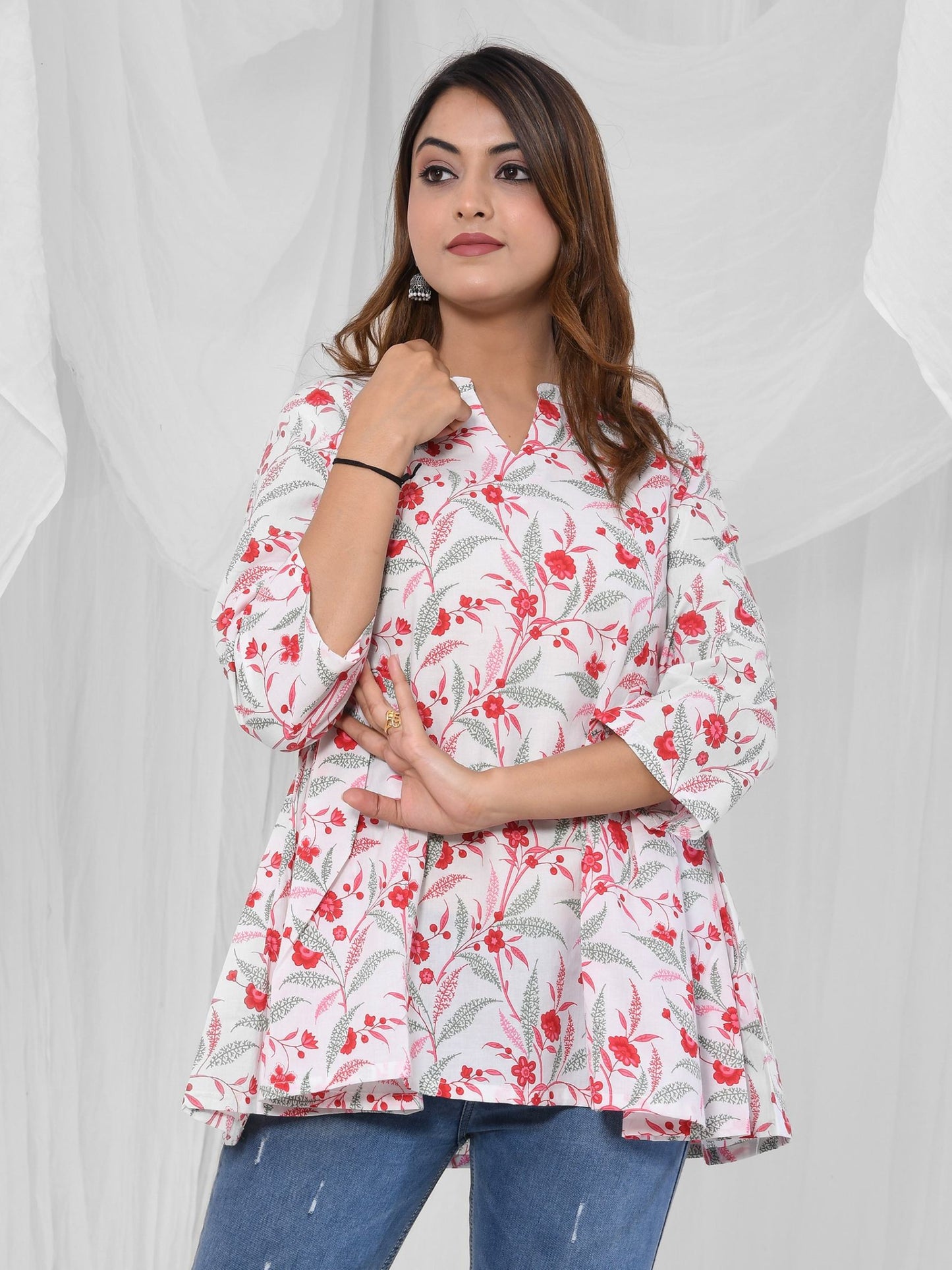 Pink Floral Printed Pleated Pure Cotton Tunic