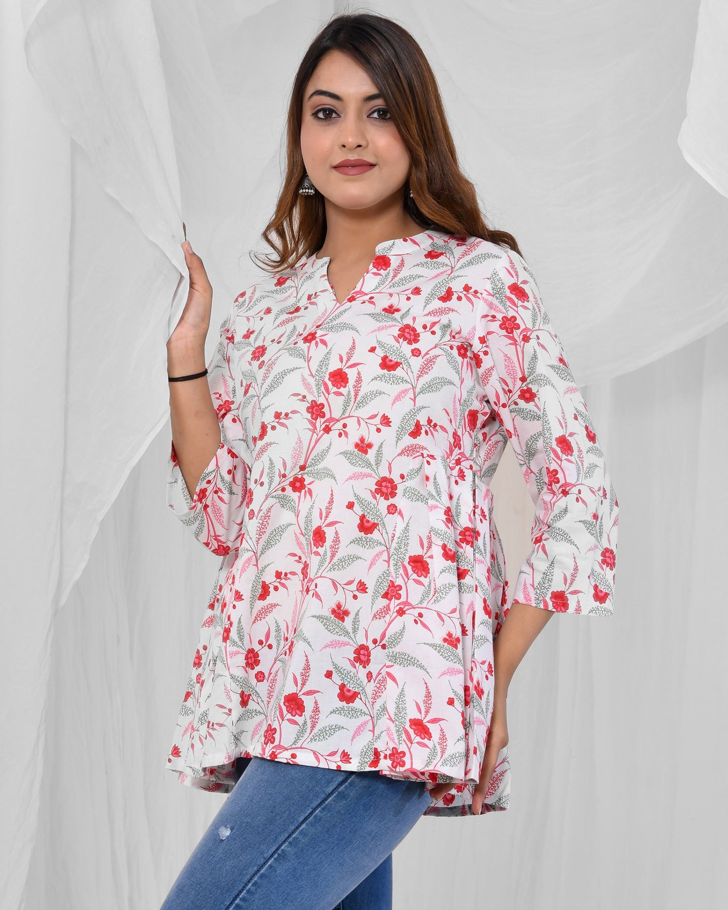 Pink Floral Printed Pleated Pure Cotton Tunic