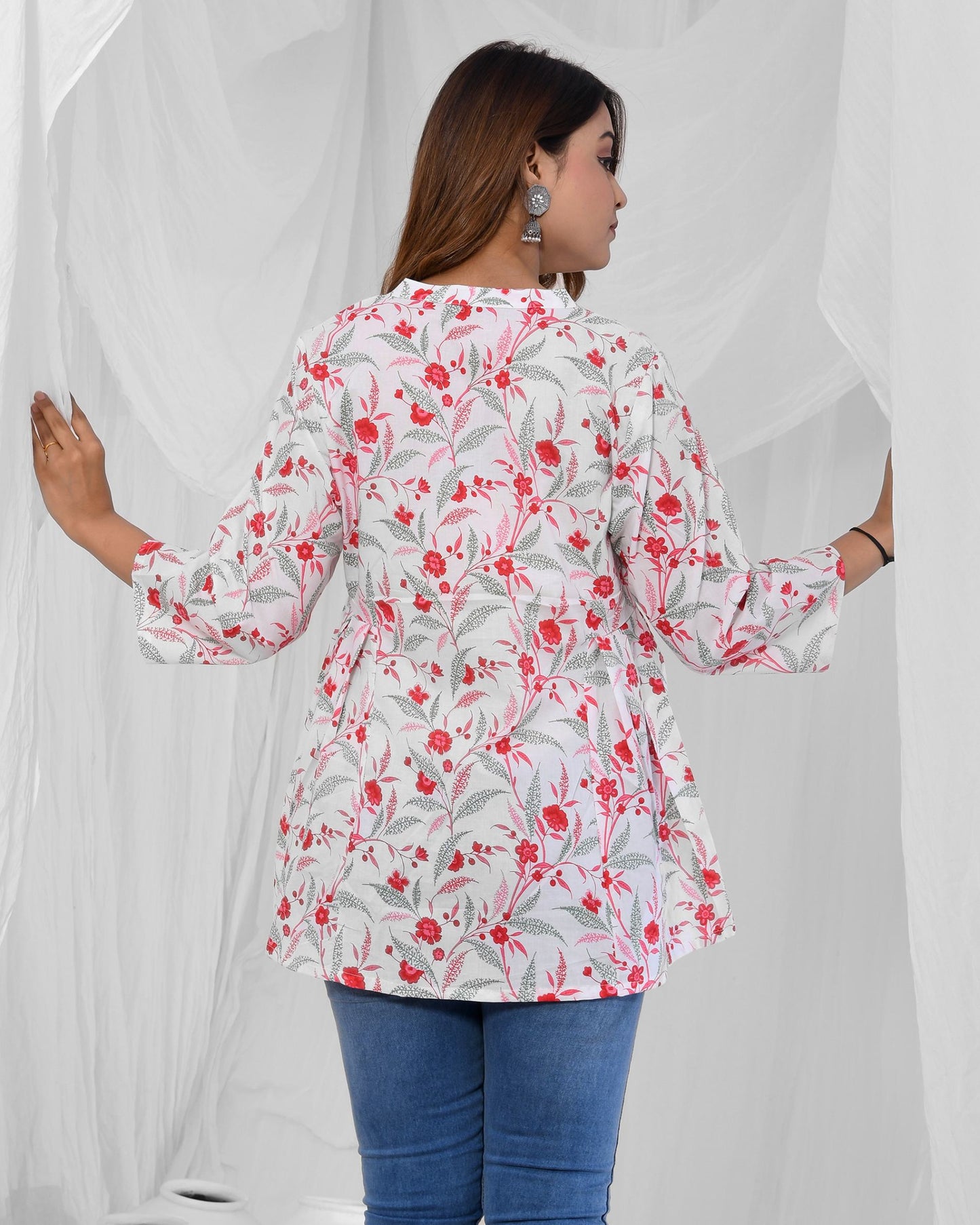 Pink Floral Printed Pleated Pure Cotton Tunic