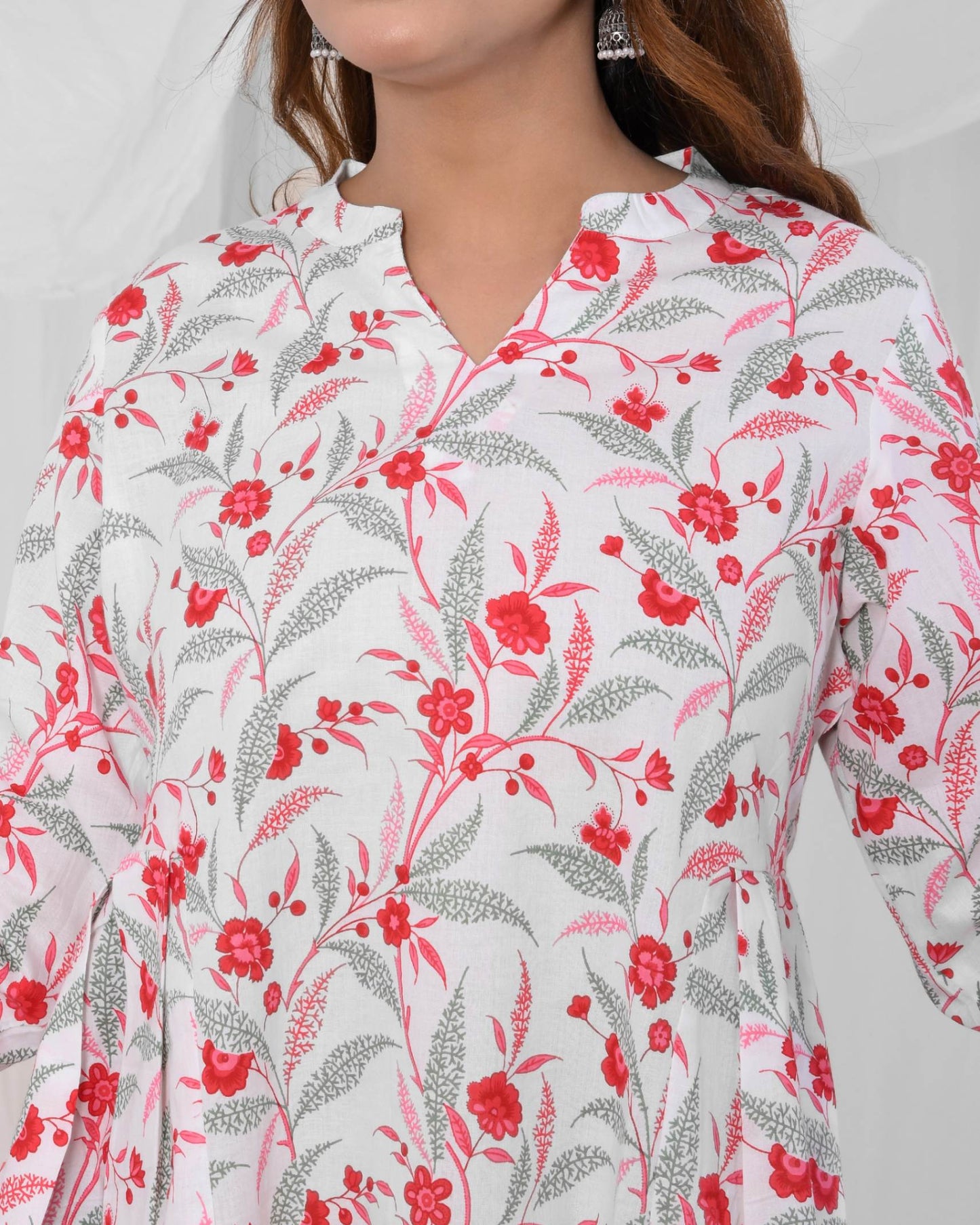 Pink Floral Printed Pleated Pure Cotton Tunic