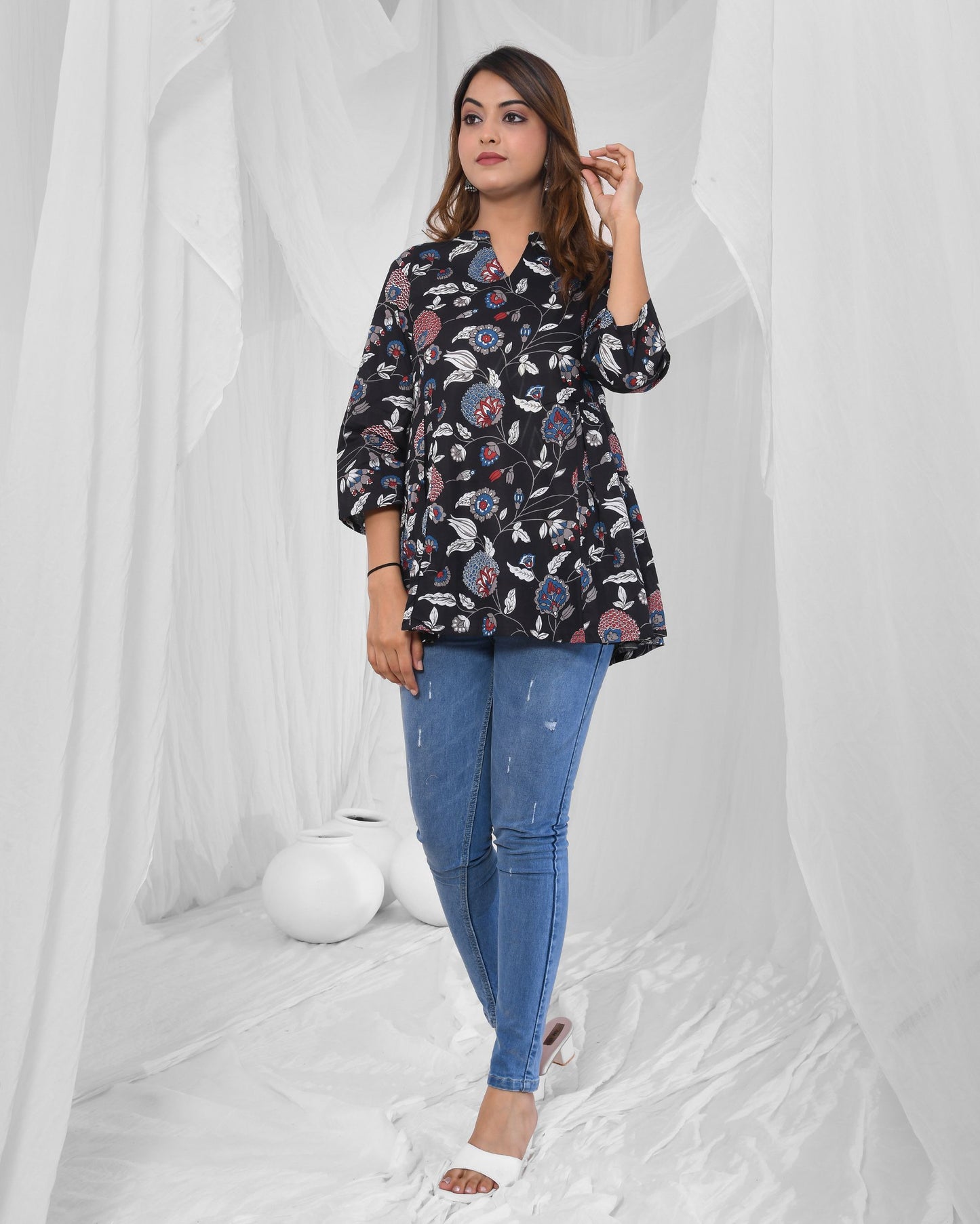 Black Floral Printed Pleated Pure Cotton Tunic