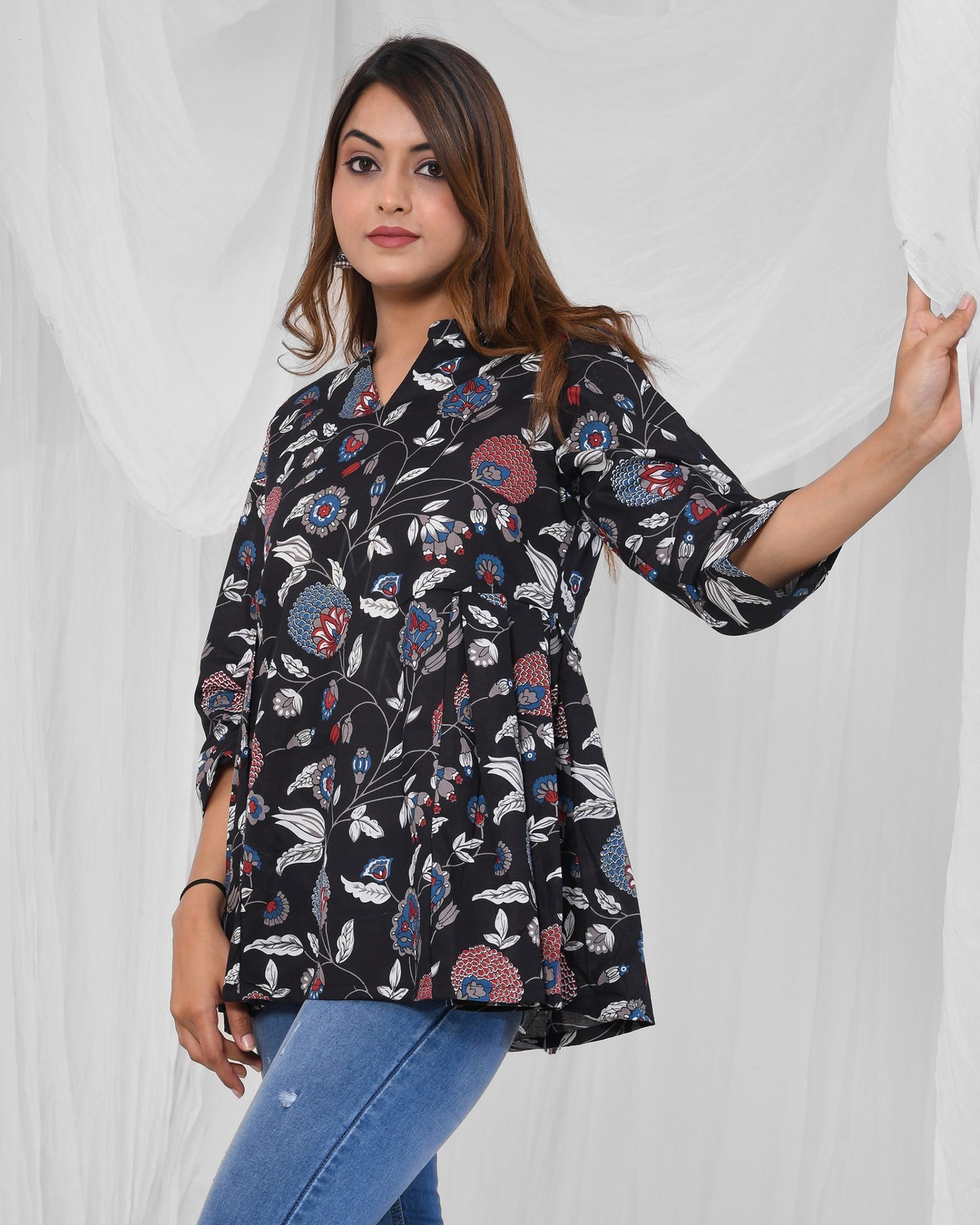 Black Floral Printed Pleated Pure Cotton Tunic