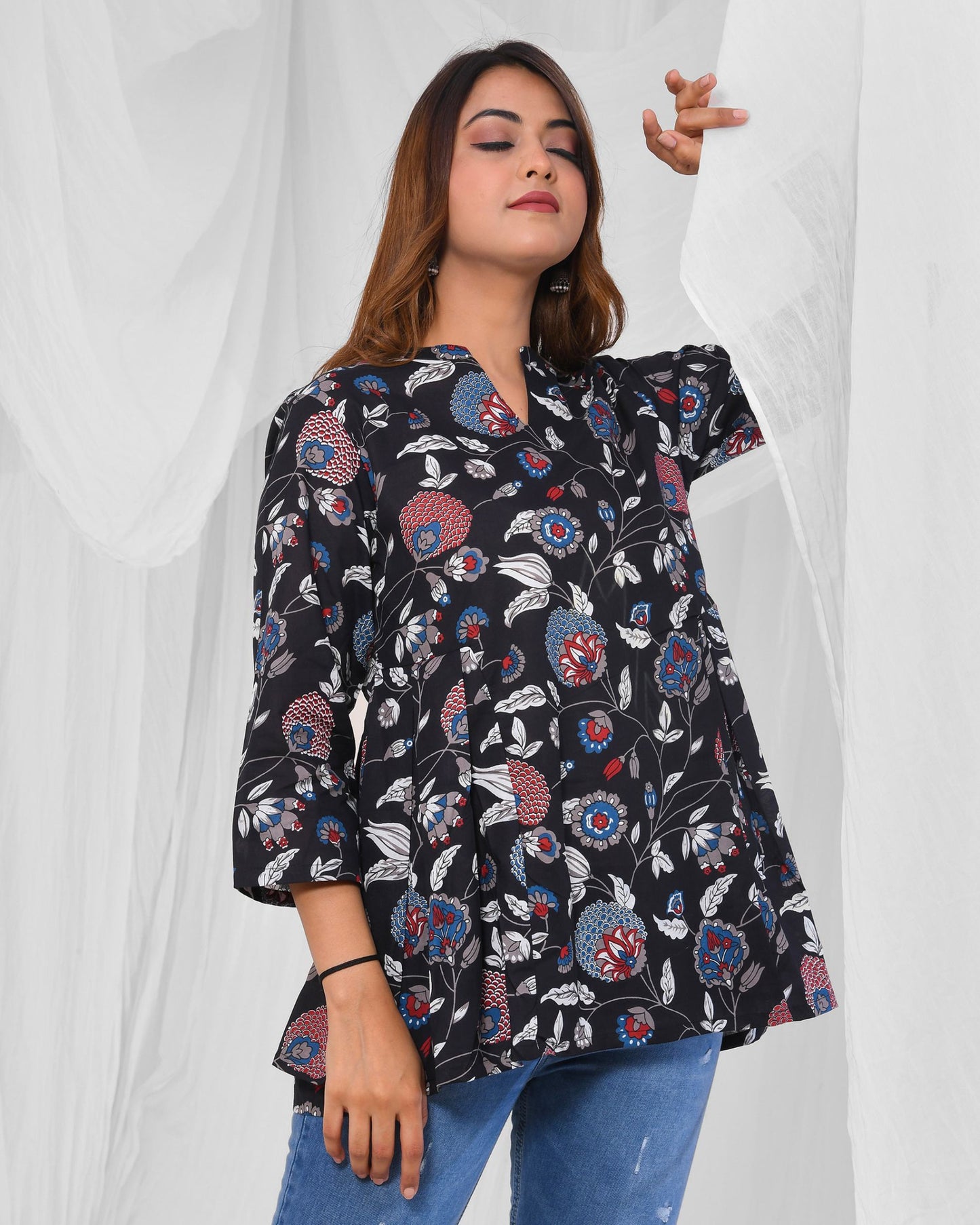 Black Floral Printed Pleated Pure Cotton Tunic