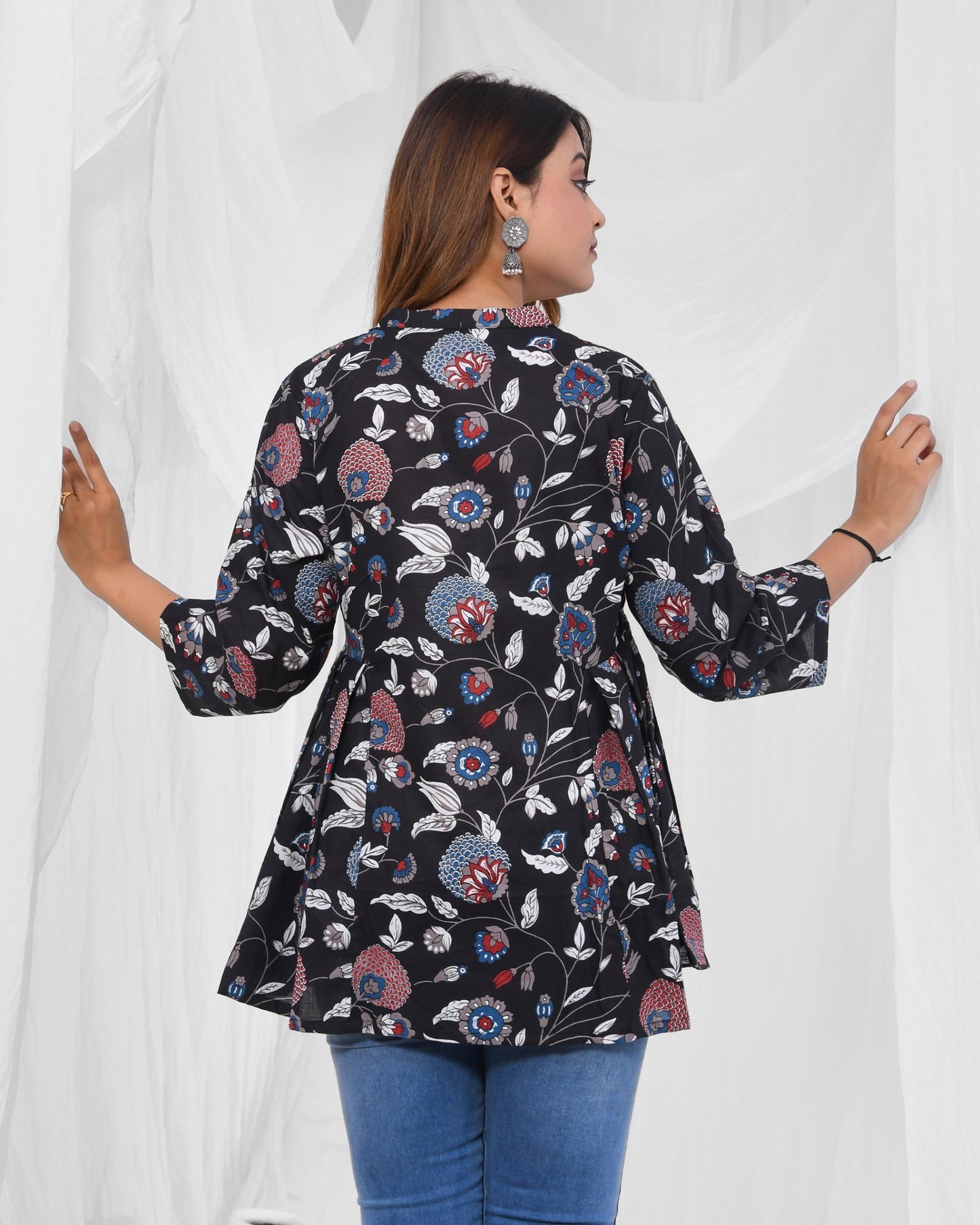 Black Floral Printed Pleated Pure Cotton Tunic