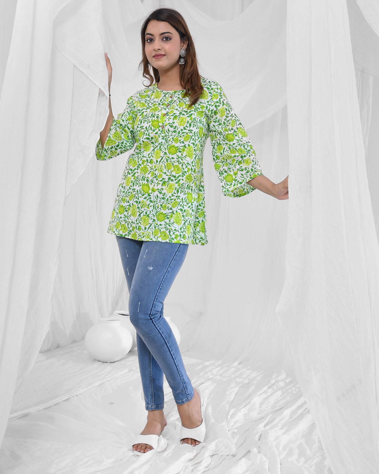 Green Printed A-Line Pure Cotton Short Kurti