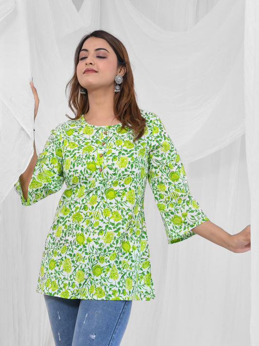 Green Printed A-Line Pure Cotton Short Kurti