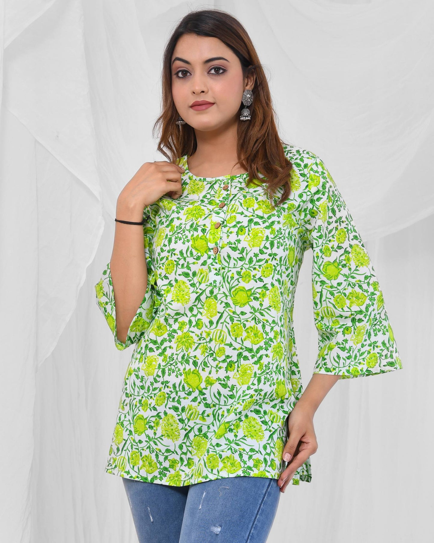 Green Printed A-Line Pure Cotton Short Kurti