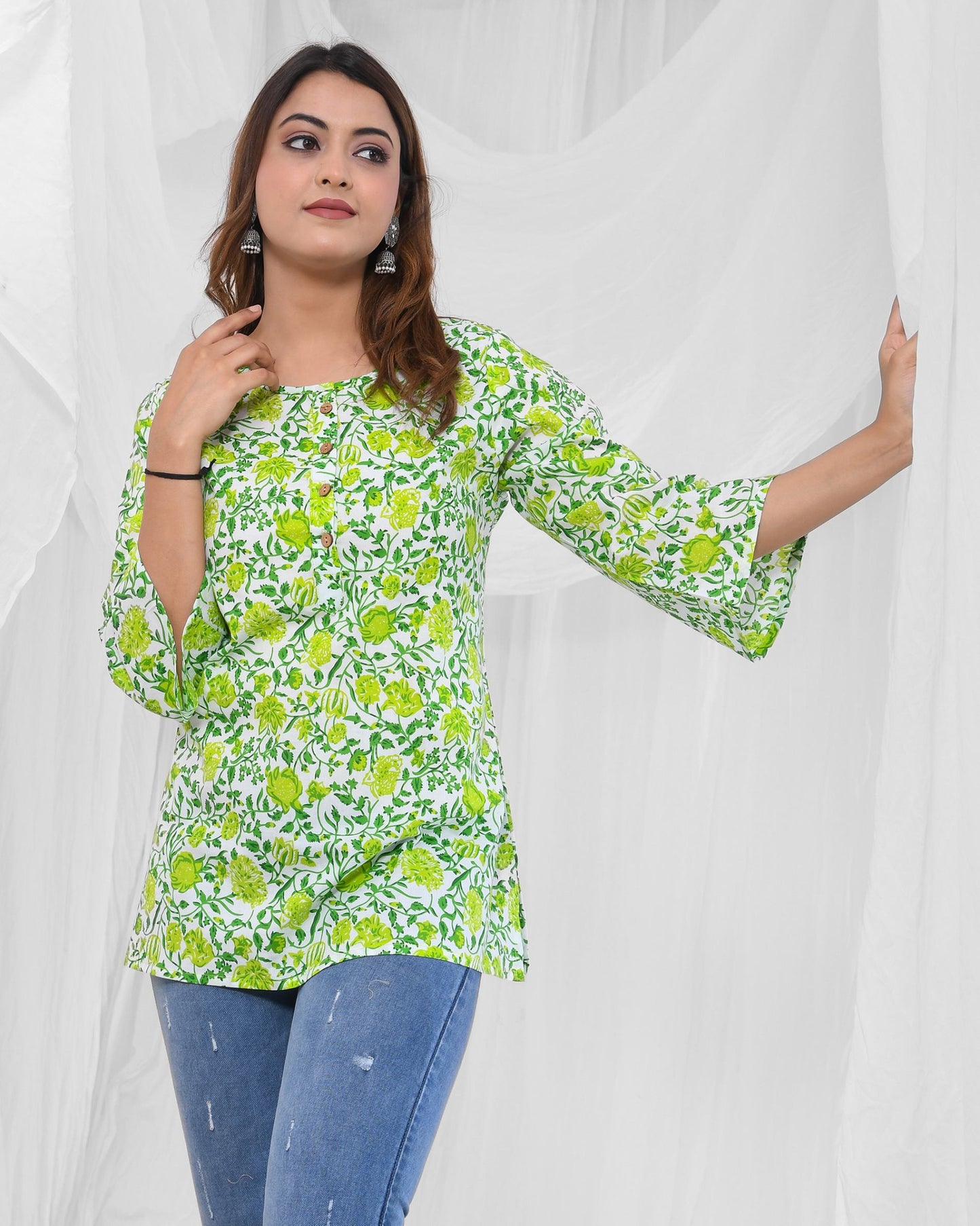 Green Printed A-Line Pure Cotton Short Kurti