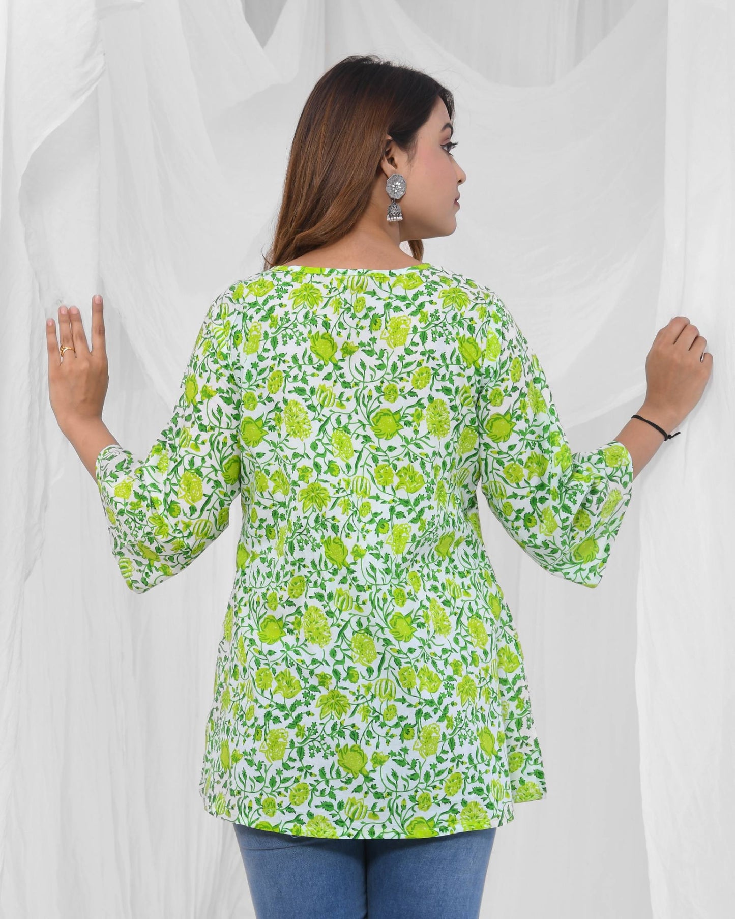 Green Printed A-Line Pure Cotton Short Kurti