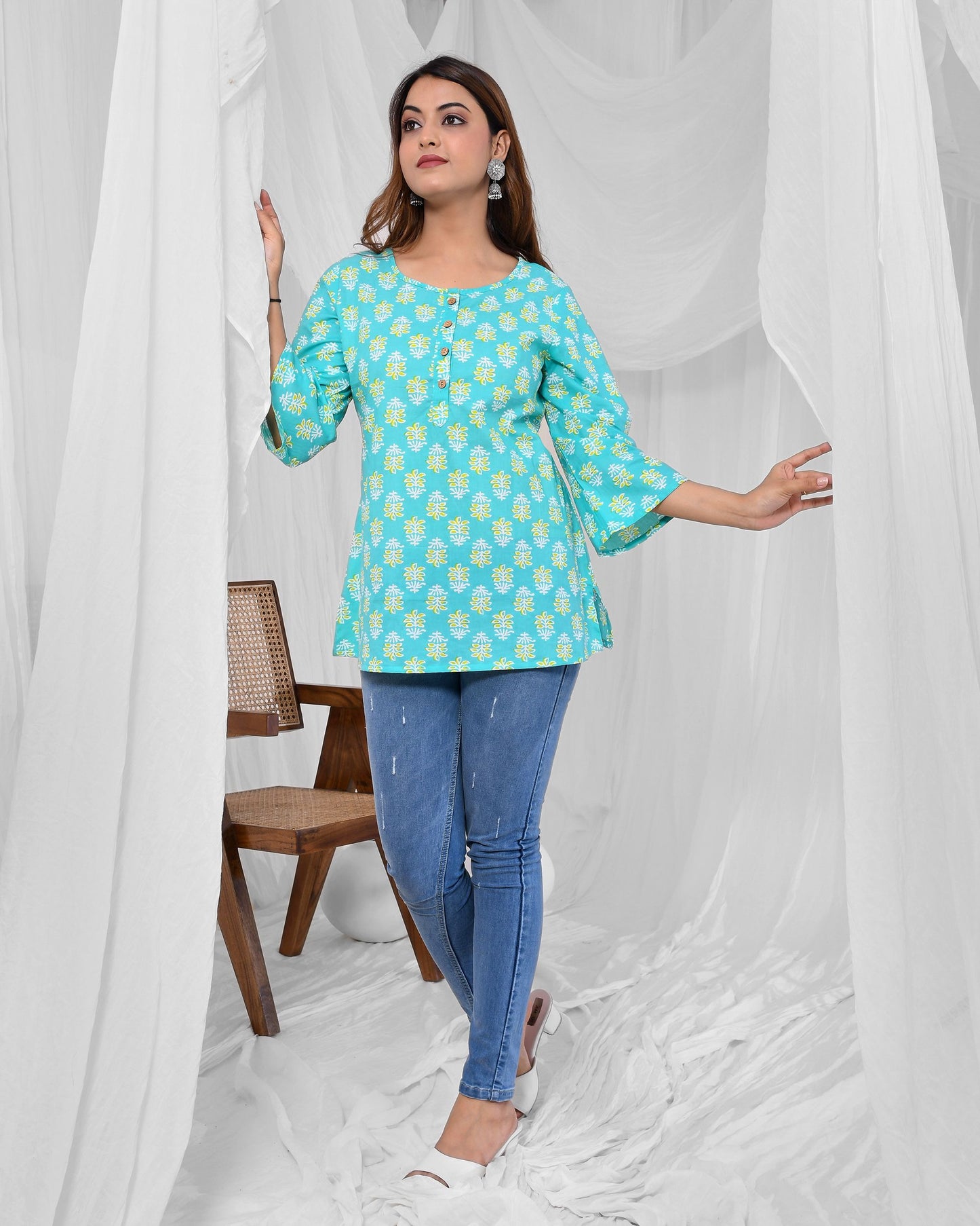 Turquoise Printed A-Line Pure Cotton Short Kurti