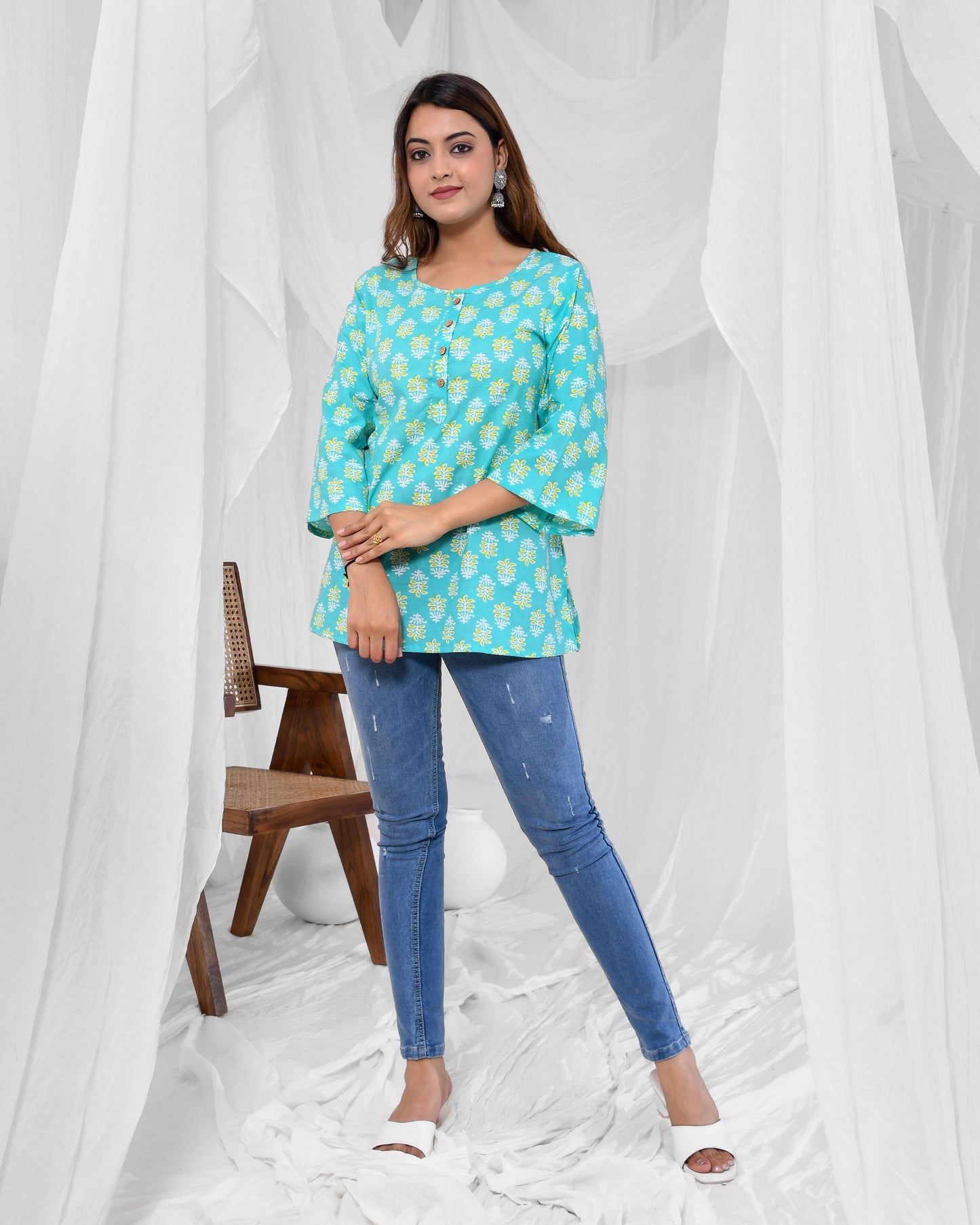 Turquoise Printed A-Line Pure Cotton Short Kurti