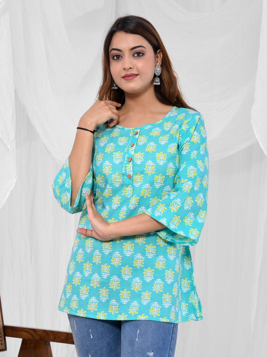 Turquoise Printed A-Line Pure Cotton Short Kurti