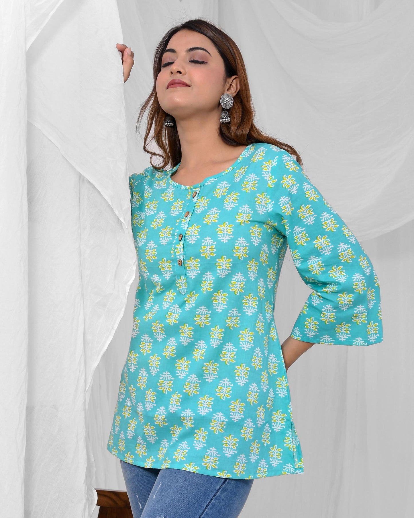 Turquoise Printed A-Line Pure Cotton Short Kurti