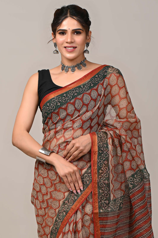 Natural Bagru Block Print Kota Doria Saree