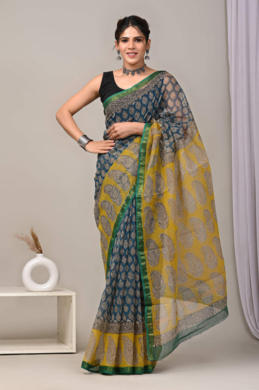 Natural Bagru Block Print Kota Doria Saree