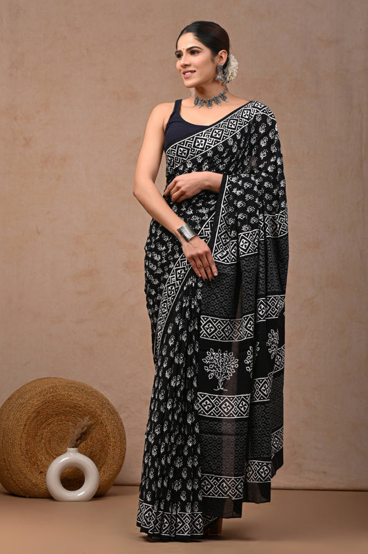 Black Block Print Pure Cotton Saree